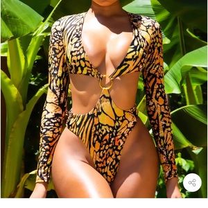 HIGH CUT LEOPARD LONG SLEEVE CUTOUT MONOKINI BRAZILIAN ONE PIECE SWIMSUIT